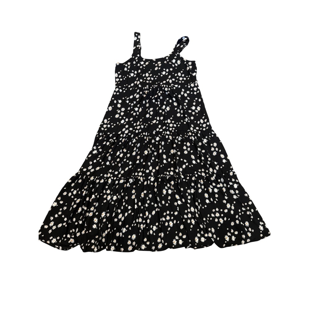 Linda Anderson Black Daisy Floral Tiered Maxi Dress Large Smocked Back Boho